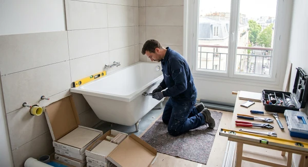 Salle de bain en cours de rénovation avec un artisan plombier en tenue professionnelle effectuant l'installation d'une baignoire ou de sanitaires, montrant clairement le travail d'installation et l'environnement de chantier, avec outils et matériaux de plomberie visibles. L'ambiance doit refléter un projet de rénovation "clés en main" en cours de réalisation.