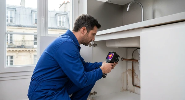 Plombier en uniforme professionnel bleu intervenant à domicile, diagnostiquant une fuite d'eau au niveau d'une tuyauterie en cuivre visible sur un mur. Le plombier tient un équipement de diagnostic ou de détection de fuite, dans un intérieur résidentiel, illustrant clairement l'action de dépannage d'urgence et de diagnostic. L'image doit montrer la réactivité et la compétence du professionnel face à une situation d'urgence plomberie.